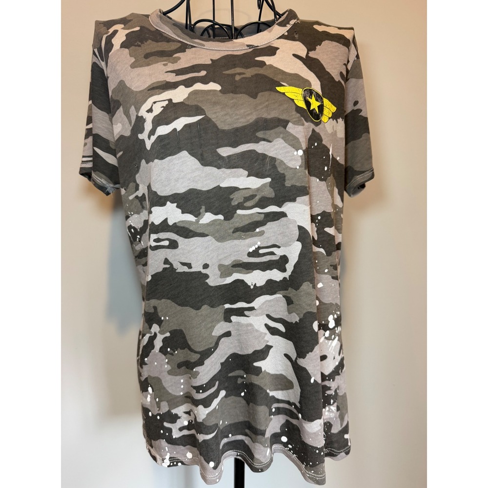 Chaser Womens Camo Distressed T-Shirt‎ Winged Star Paint Splatter Grey Green M